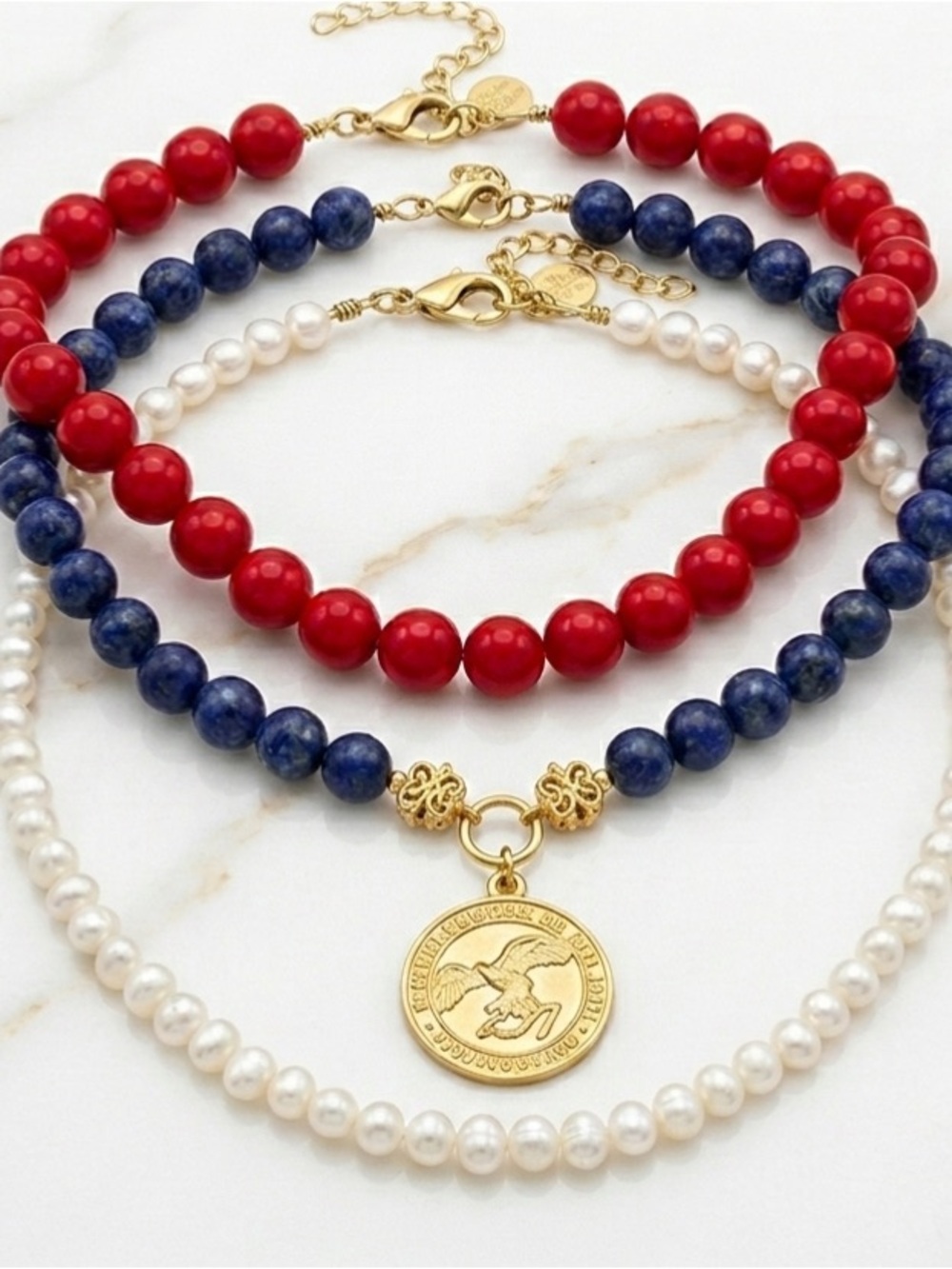 Susan Shaw! Trio Beaded Layered Necklace — Red, Blue&White with Gold Coin Charm
